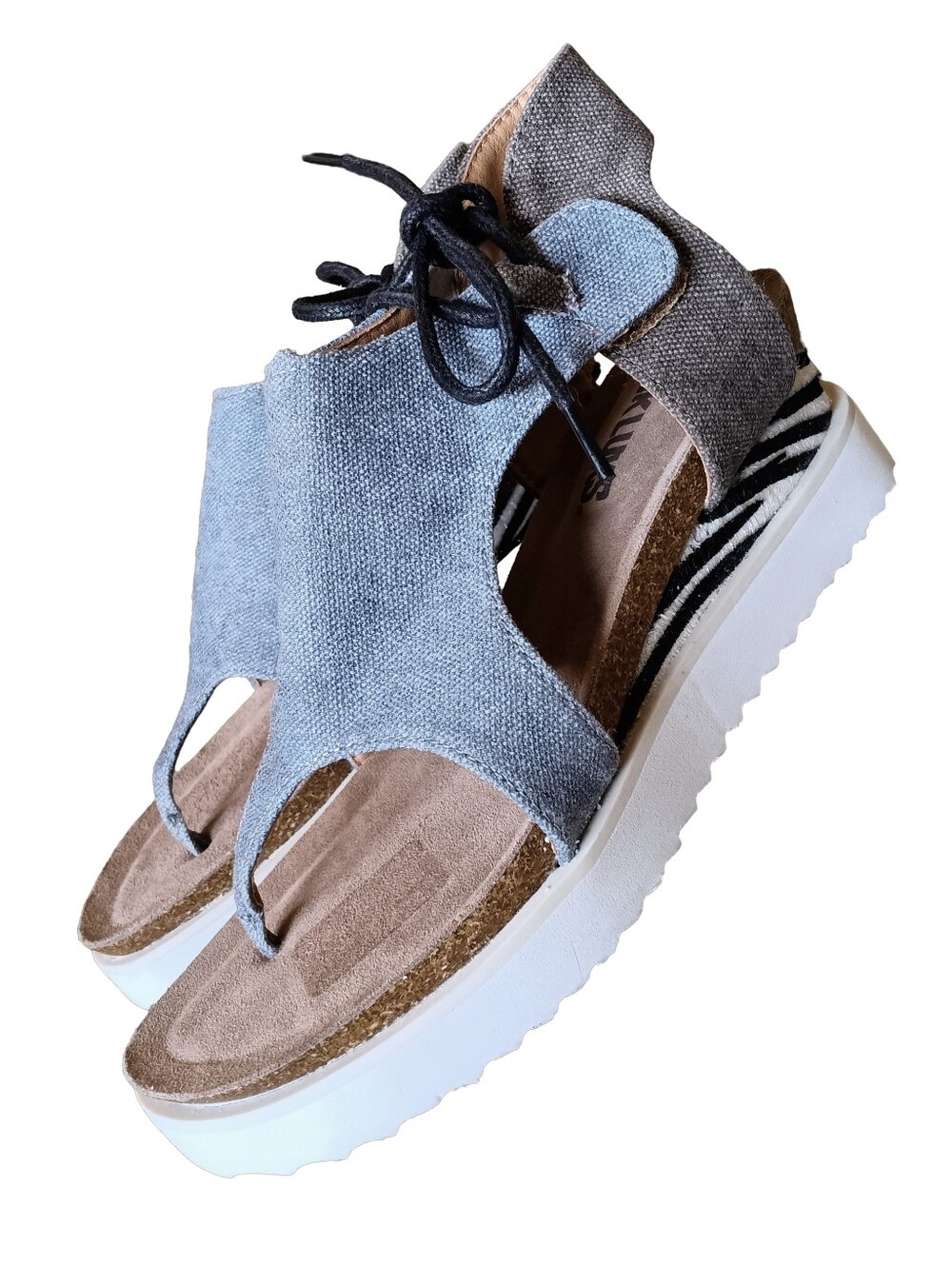🖤 MUK LUKS Pitch Solo Suede Denim Zebra Wedge Sandals 6 Chunky Thongs Leather